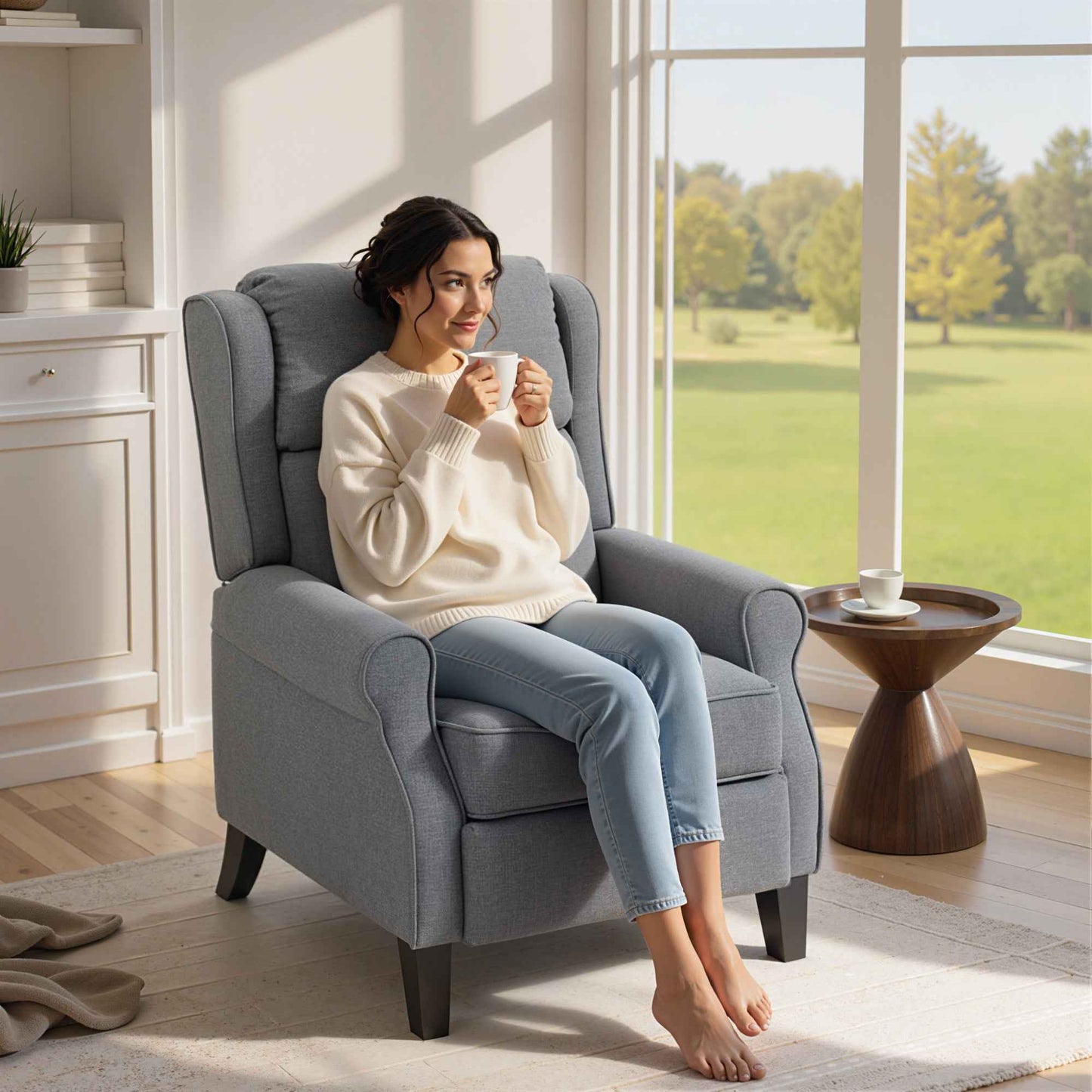 132° Max Reclining Chair in Linen Effect Fabric with Footrest, 74x84x102 cm, Grey