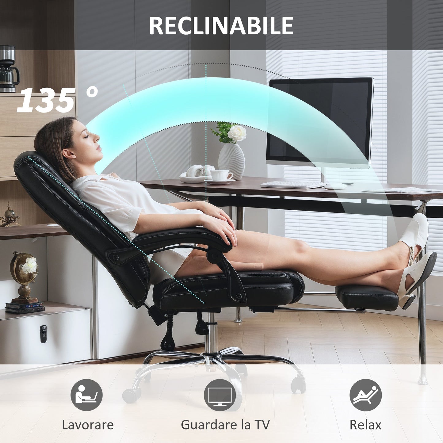 Reclining Office Chair with Pull-Out Footrest, PU Leather, 120 kg Capacity, Black
