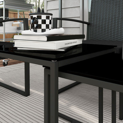 Garden Set with 2 Chairs, Sofa and 2 Coffee Tables with Cushions and Glass Top, Black