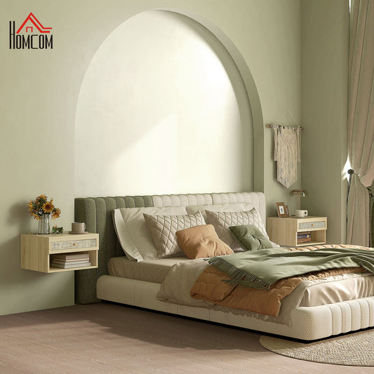 Set of 2 Bedside Tables with Drawer and Open Shelves in Boho Style, in Chipboard and Rattan, 40x34x23 cm