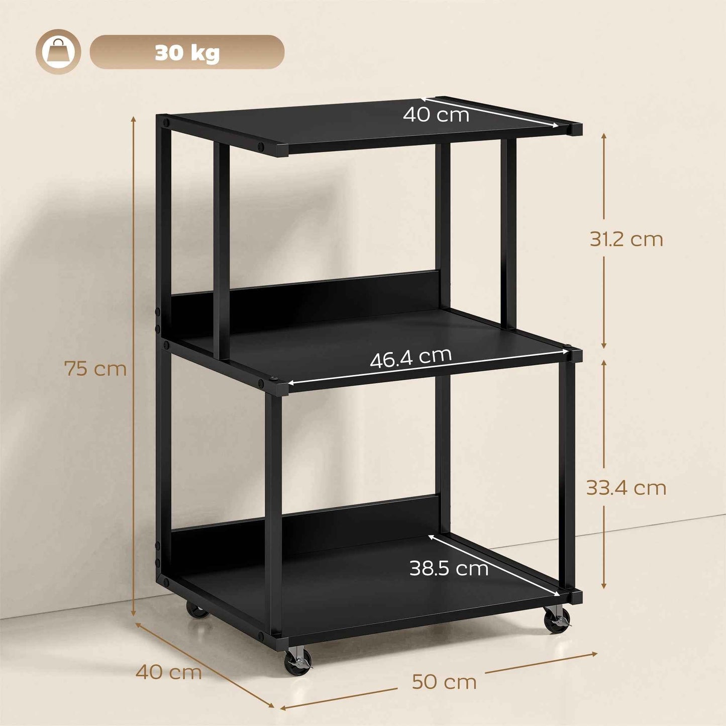 HOMCOM 3-Tier Printer Stand with Wheels, Industrial Metal Office Table, Black.