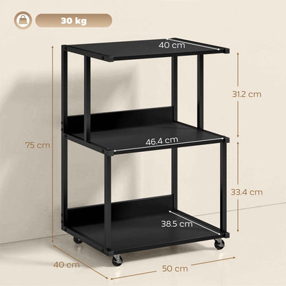 HOMCOM 3-Tier Printer Stand with Wheels, Industrial Metal Office Table, Black.