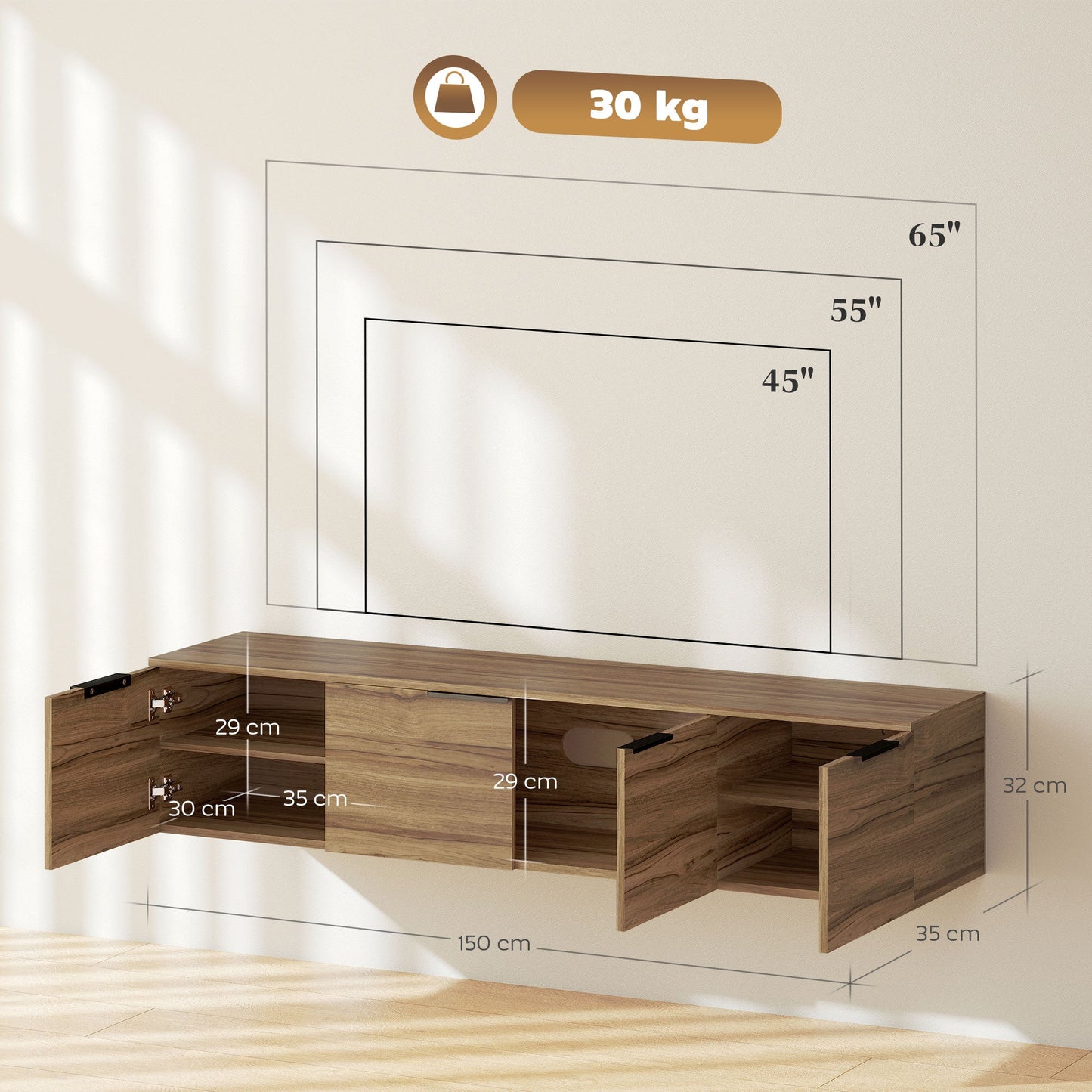 Industrial Style Wall Mounted TV Stand with 3 Cabinets, Up to 65", Rustic Brown