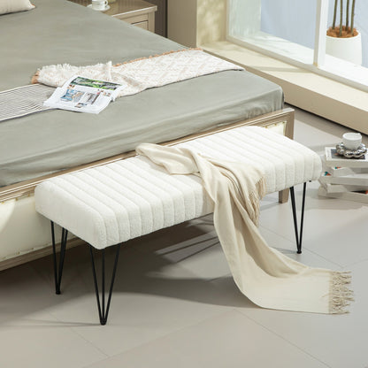 Modern Bedside Bench with Hairpin Legs, in Chenille Effect Fabric, Wood and Metal, 118.5x46x49.5 cm, Cream