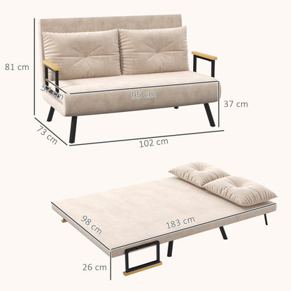 3-in-1 Velvet Fabric Sofa Bed with Adjustable Backrest and 2 Cushions, 102x73x81 cm, Beige
