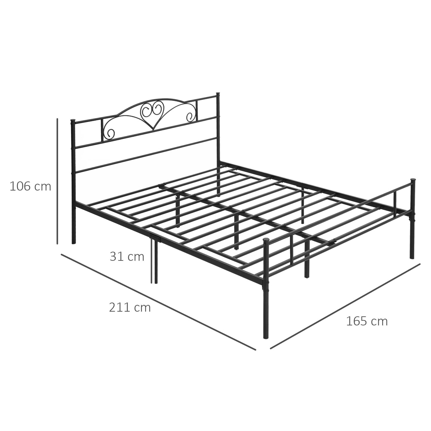 Double Bed Frame in Steel with Integrated Slats, Headboard and Footboard, 160x200cm