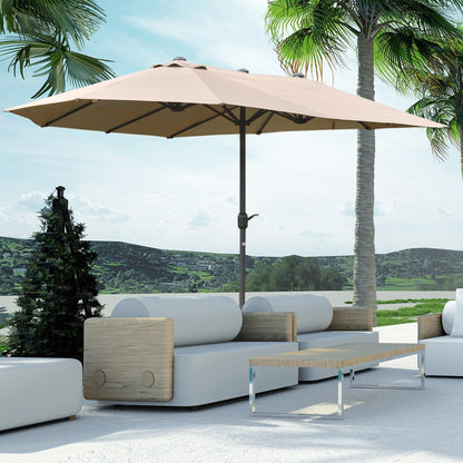 Double Garden Umbrella 460x270cm, Outdoor Umbrella with Crank Opening, Cross Base and Ballast, Steel and Khaki Polyester