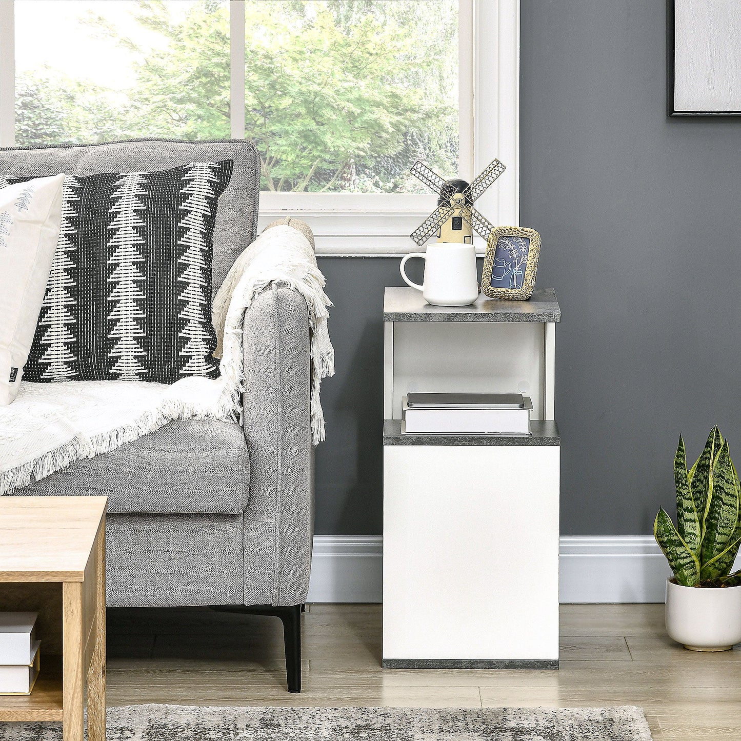 NEW Design Chipboard Open Shelf Nightstand, 35x29.5x60 cm, Grey and White
