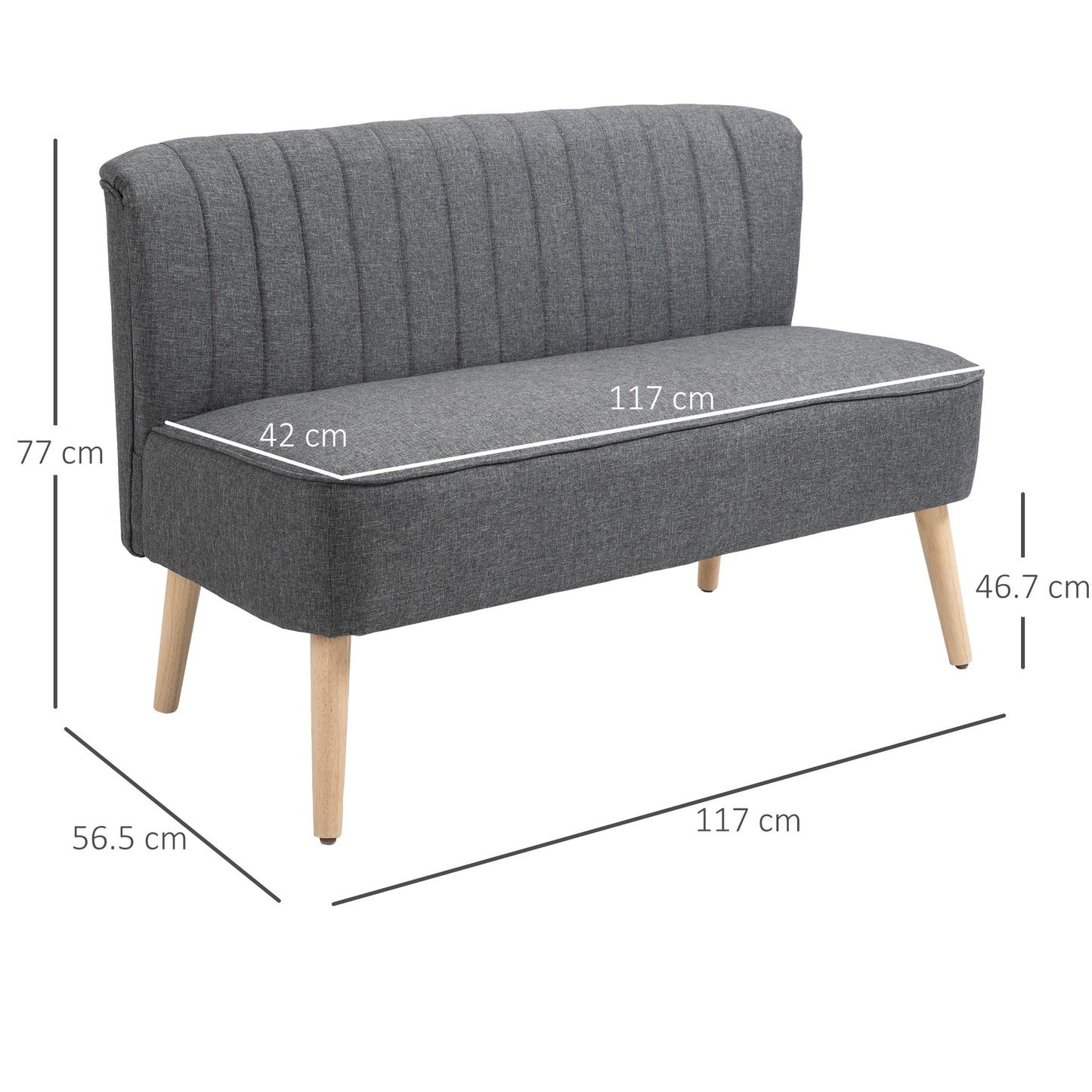 2 Seater Modern Fabric Sofa Without Armrests, Living Room Sofa with Wooden Legs, 117x56. 5x77 cm, Dark Grey