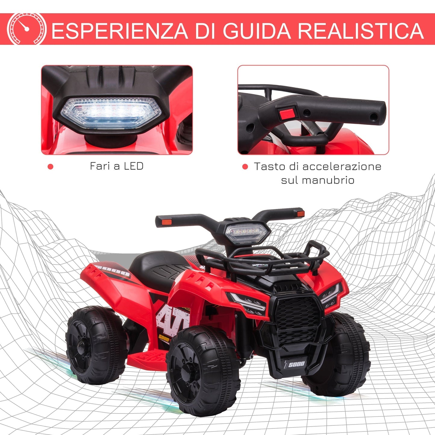 Quad electric for children with 6V rechargeable battery, accelerator button, age 18-36 months, 70x42x45cm, red