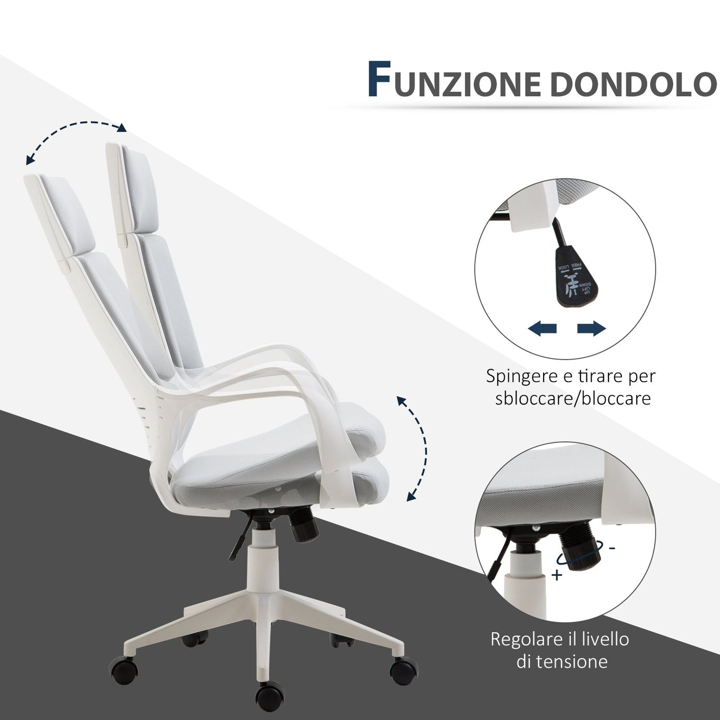 Office Chair with Rocking Function, Adjustable and Swivel Fabric Presidential Chair, 63x63x117-127 cm, Grey