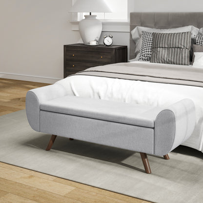 Bedside Storage Bench with Fabric Armrests, Wooden Legs and 53.8L Compartment, 132x42x50 cm, Grey