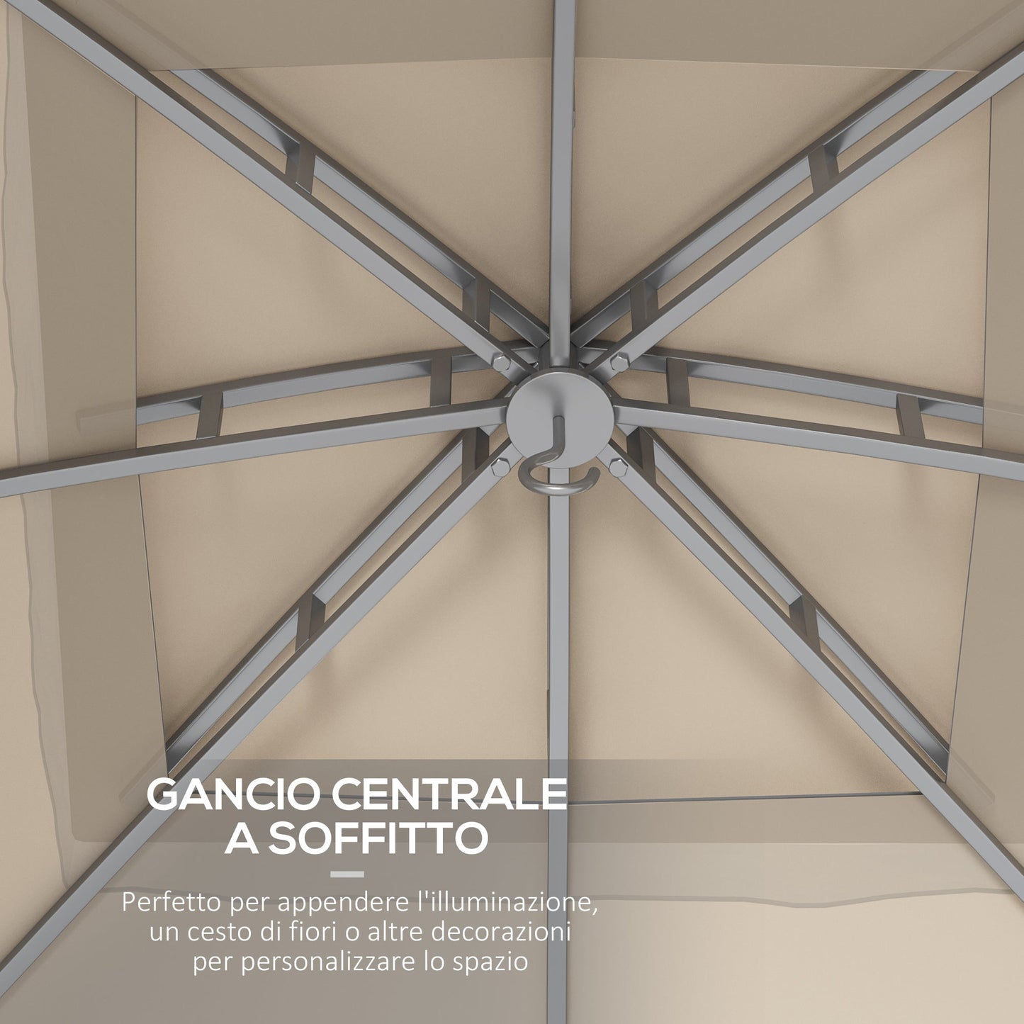 3x3m Steel Garden Gazebo with Double Roof and Curtains, Beige and Grey