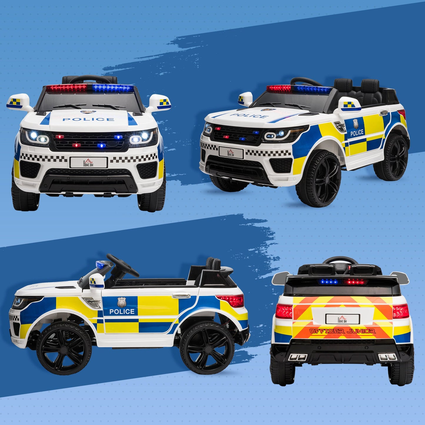 Electric Police Car for Kids, 12V Battery and Remote Control, Siren Lights USB Connection for Music, 110x68x52cm, White