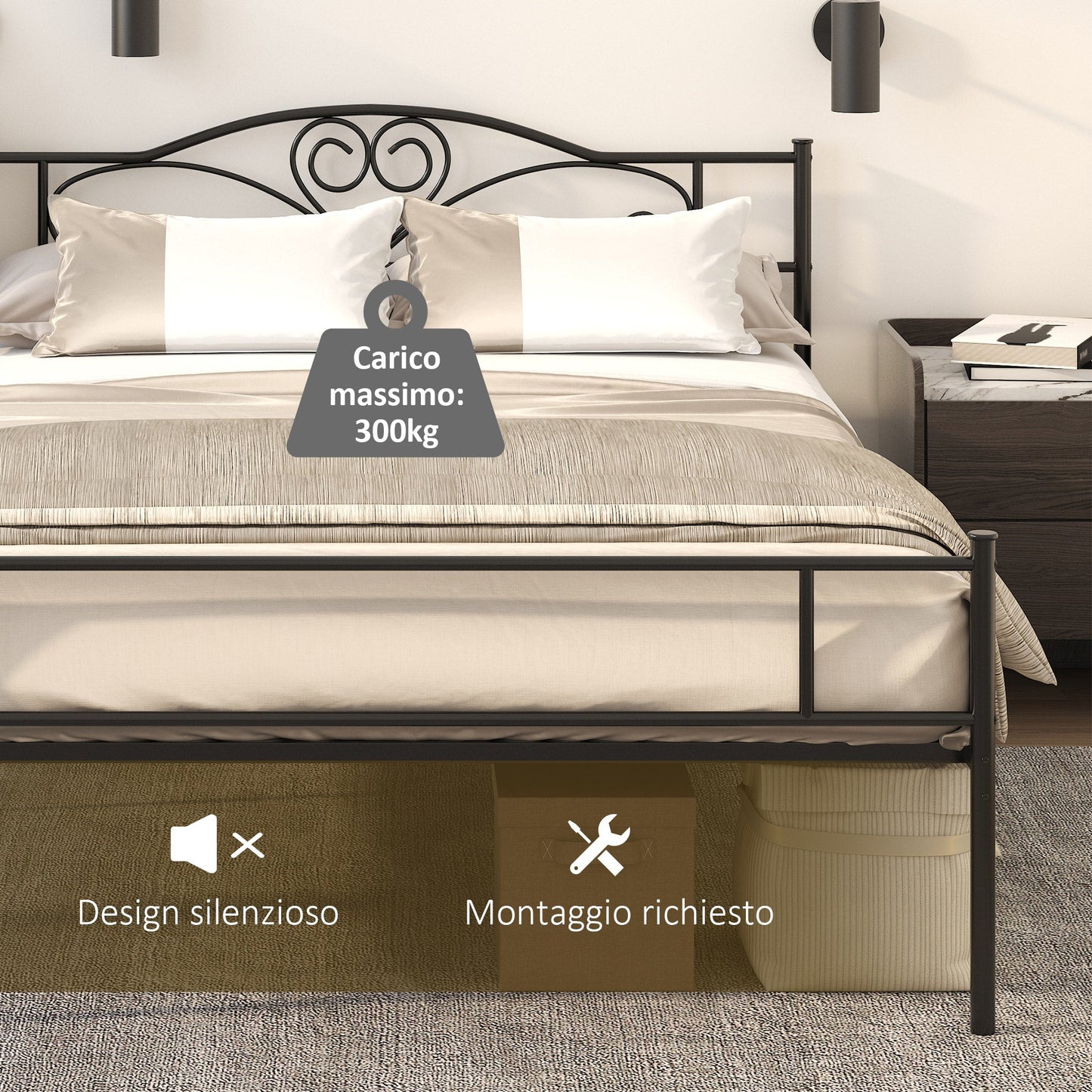 Queen Size Steel Bed Frame with Integrated Slats, Headboard and Footboard, 140x200cm