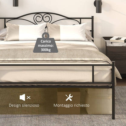 Queen Size Steel Bed Frame with Integrated Slats, Headboard and Footboard, 140x200cm