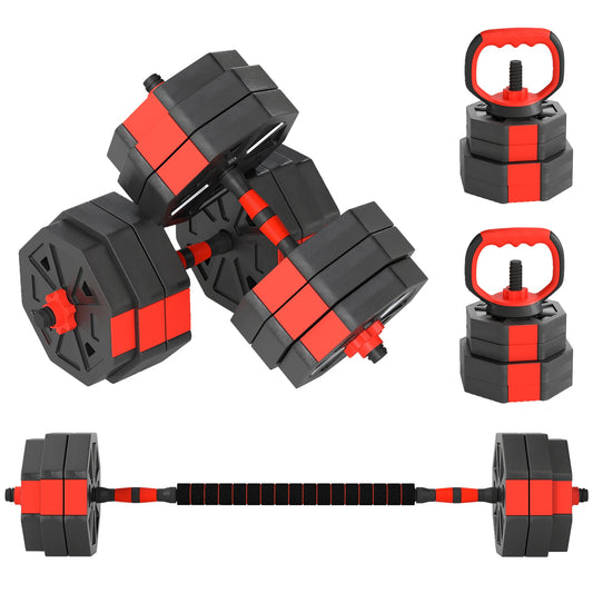 4-in-1 30kg Gym Weight Set, Convertible to Kettlebell, 2 Dumbbells, Barbell and Push-Up Stand, Red