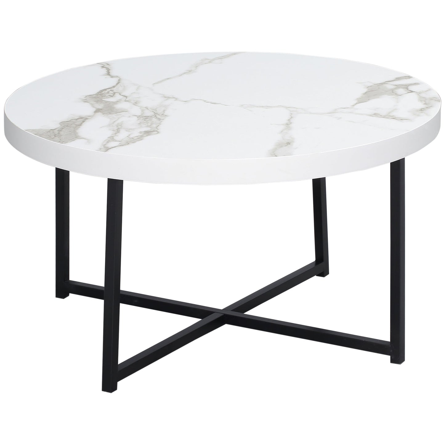 Round Coffee Table with Marble Effect MDF Top and Metal Legs, Φ80x45 cm, White
