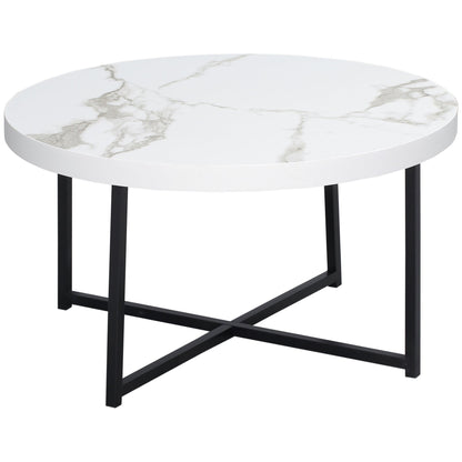 Round Coffee Table with Marble Effect MDF Top and Metal Legs, Φ80x45 cm, White