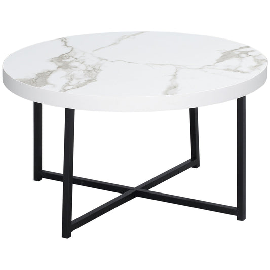 Round Coffee Table with Marble Effect MDF Top and Metal Legs, Φ80x45 cm, White