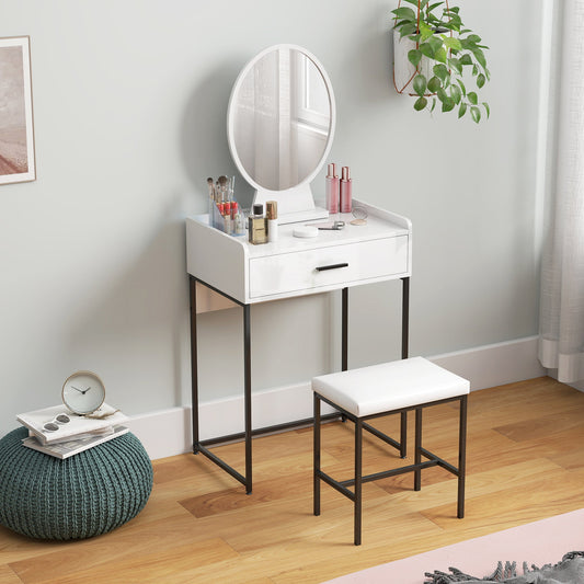 Dressing Table Set with Makeup Mirror, Drawer and Padded Stool, White
