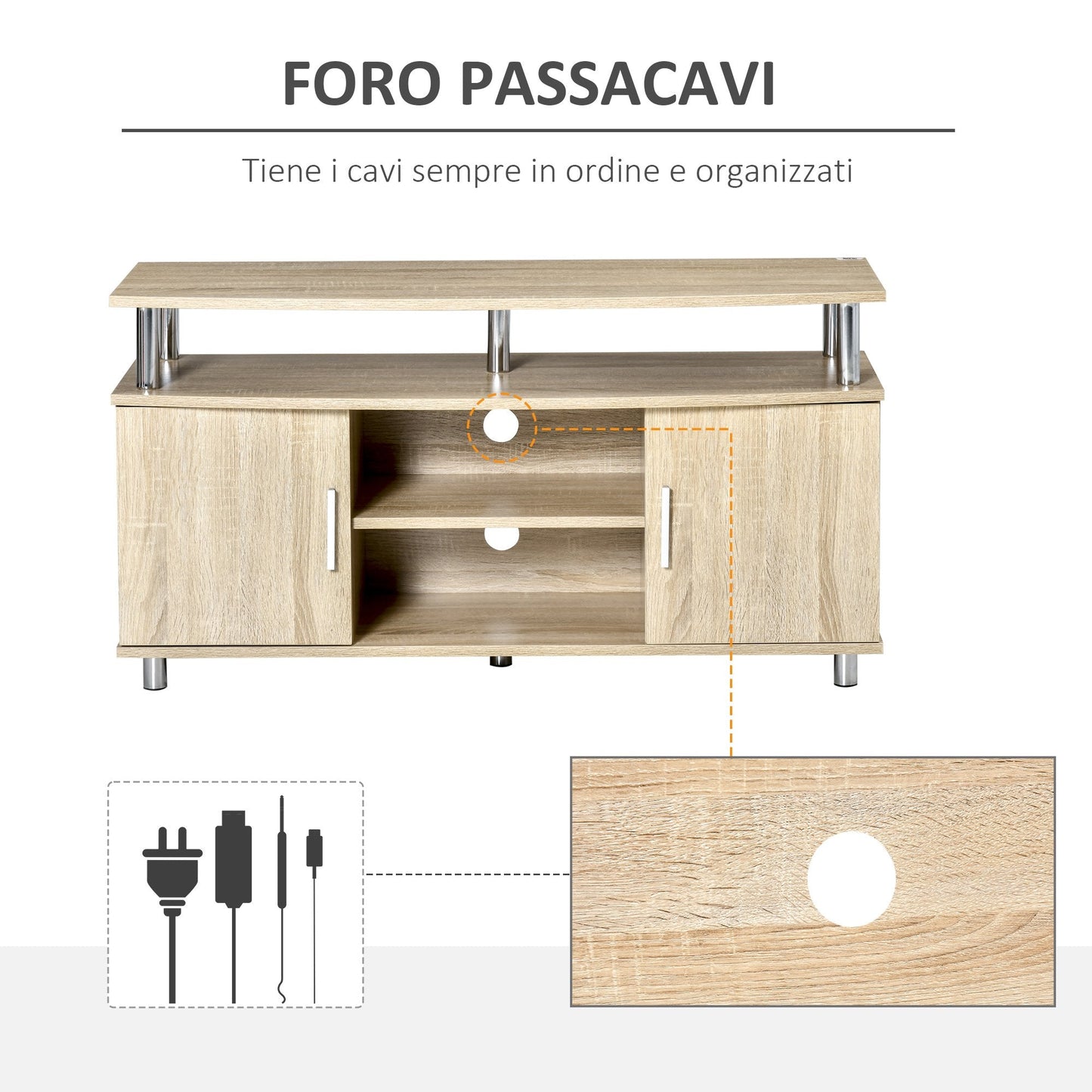 Modern TV Mobile with 2 shelves, Passacavi holes and 2 cabinets in MDF 105x40x55cm - oak