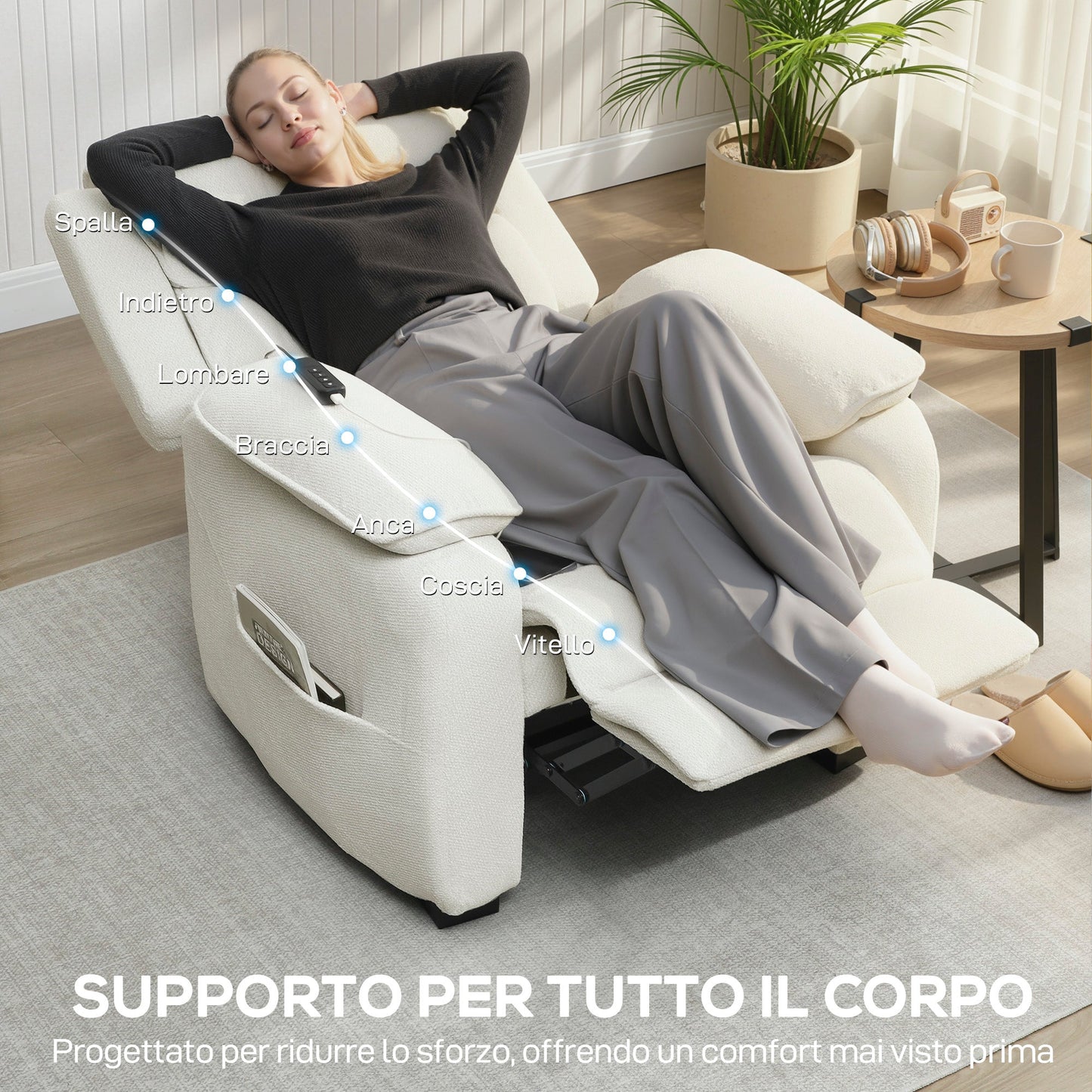 150° Reclining Velvet Armchair with Footrest, Remote Control and Side Pocket, 96x90x103 cm, Beige