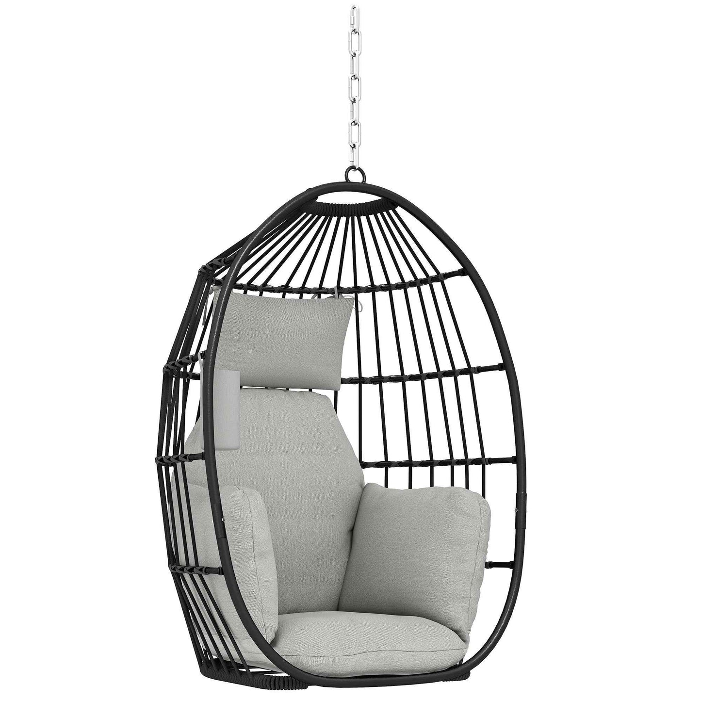 Hanging Egg Chair with Hook, Cushion and Headrest, in Steel and Polyester, 75x62x107 cm, Grey