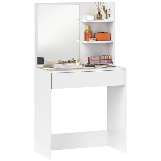 Dressing Table with Mirror, 3 Corner Shelves and Drawer, Wood and Glass, 75x40x137 cm, White