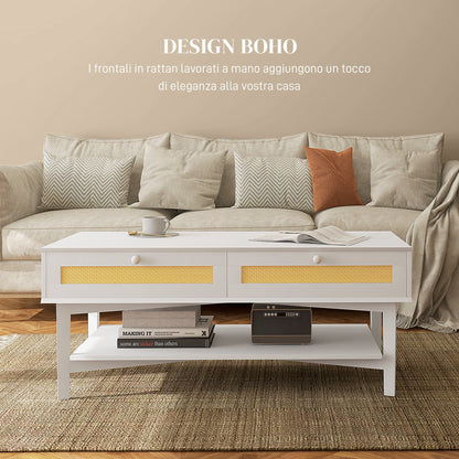 Boho Coffee Table with 2 Drawers and Shelf, Rattan and Chipboard, 120x50x50 cm, White and Wood Color