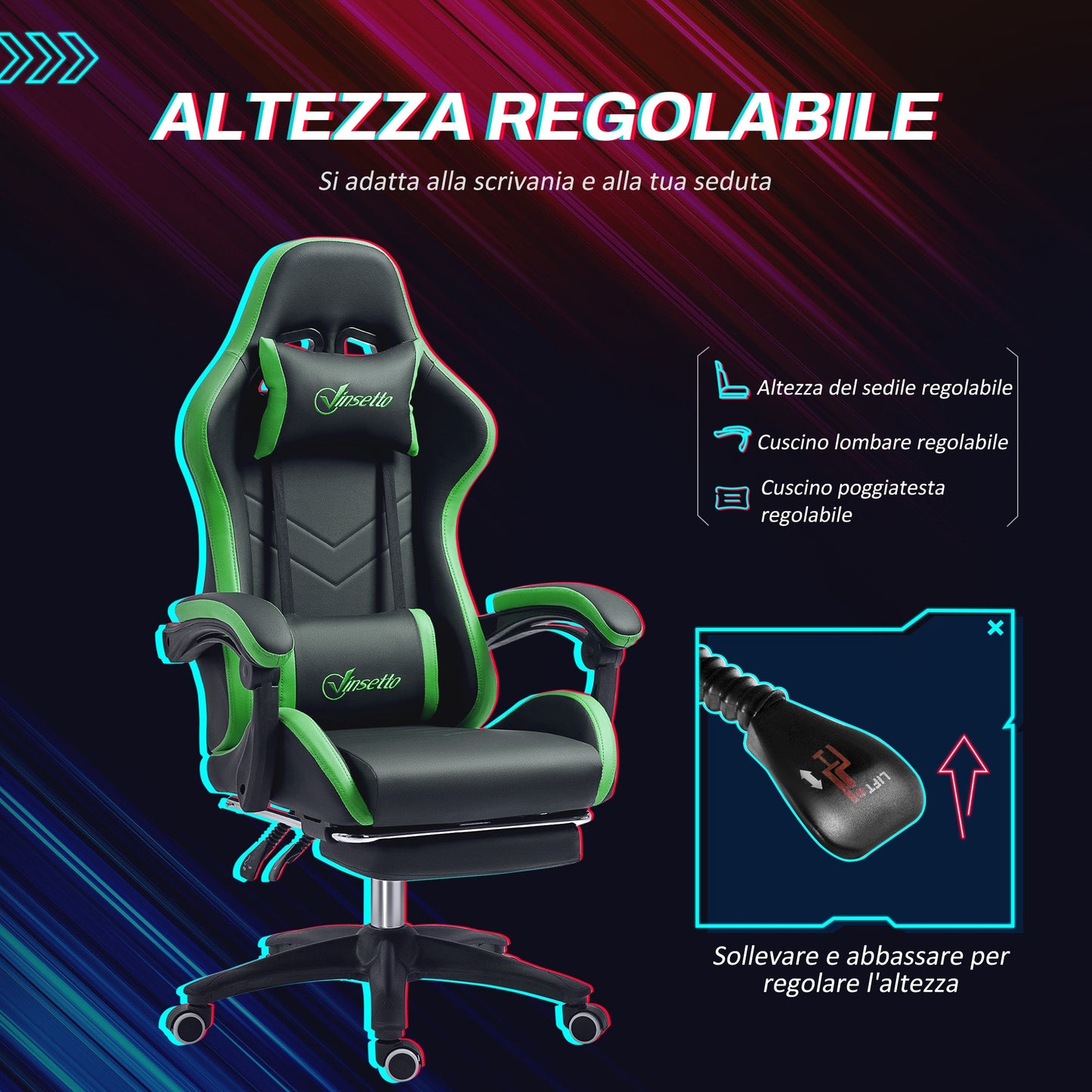 Gaming Chair with Adjustable Height and Reclining Backrest, 65x65x121-129 cm, Black and Green