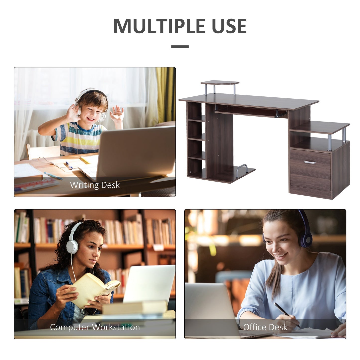 Desk for Chamber and Office with drawer and wooden shelf, 152x60x88cm, brown