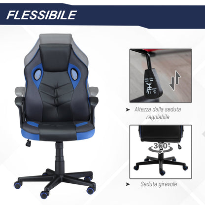 Ergonomic Gaming Chair, Swivel Office Chair with Wheels in Black and Blue PU Leather, Adjustable Height