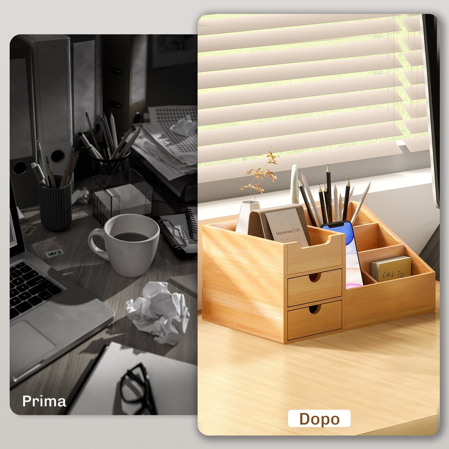 Bamboo Desk Organizer with 2 Drawers and 7 Compartments, 33x20.5x15.5 cm