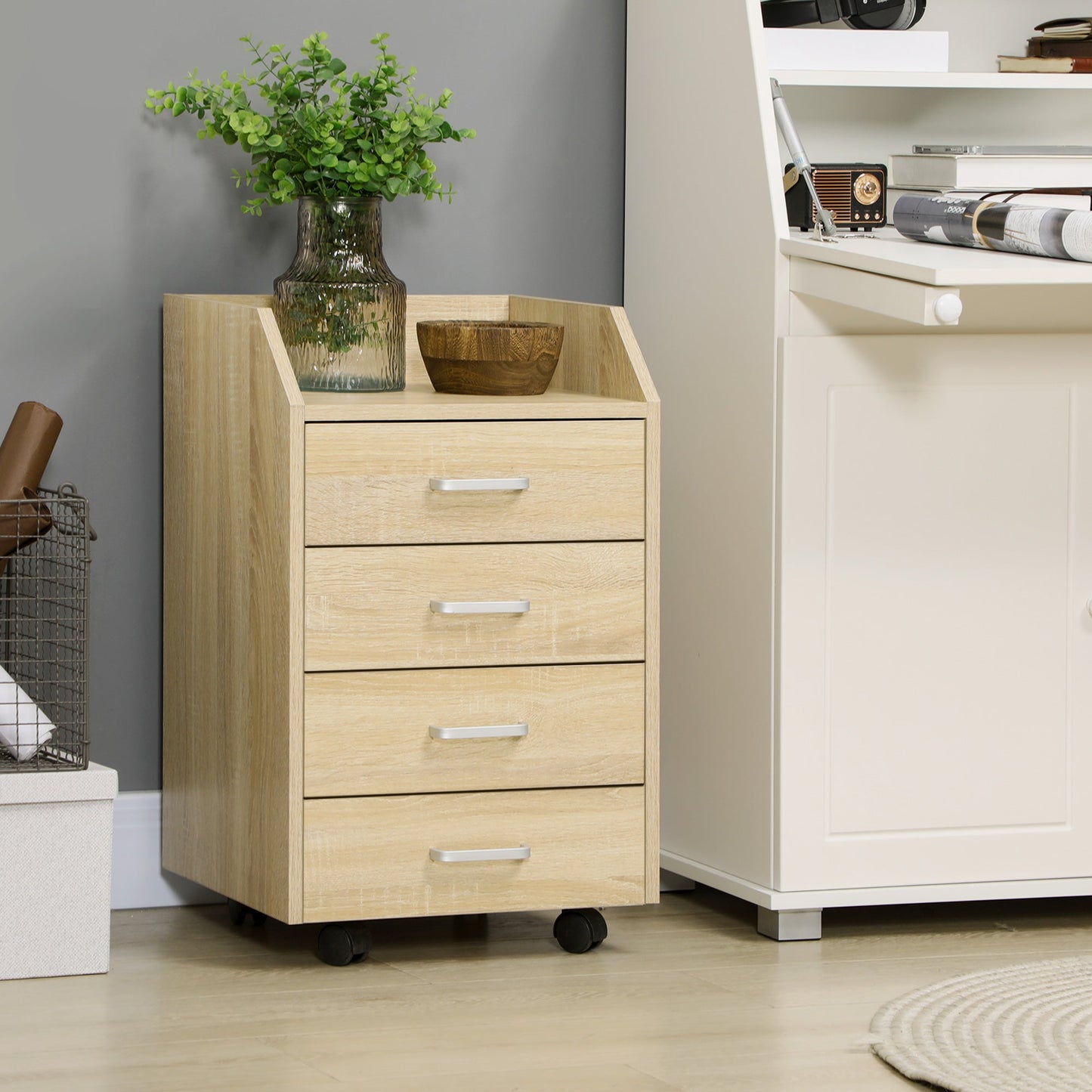 Wooden Office Chest with 4 Drawers, Wheels and Raised Edges, 40x36x65cm, Natural Wood