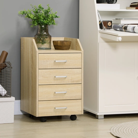 Wooden Office Chest with 4 Drawers, Wheels and Raised Edges, 40x36x65cm, Natural Wood