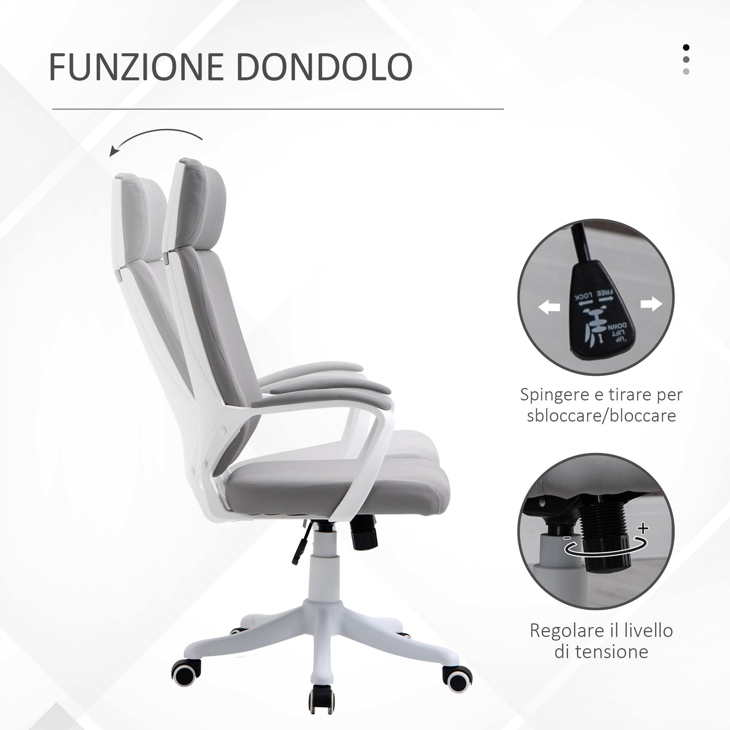Swivel Office Chair with Headrest, Height-Adjustable Armchair with Rocking Function, 63x65x112-120cm, Light Grey