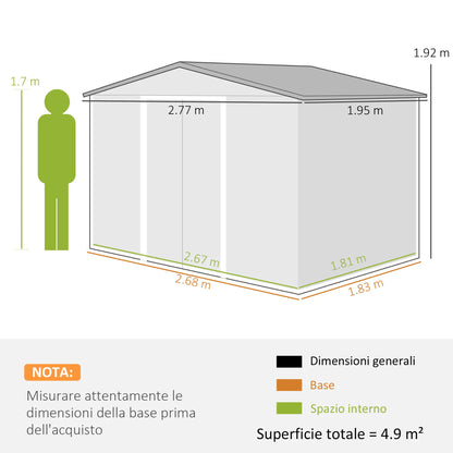 Steel Garden Shed with 4 Air Vents and 2 Sliding Doors, 277x195x192 cm, Light Brown