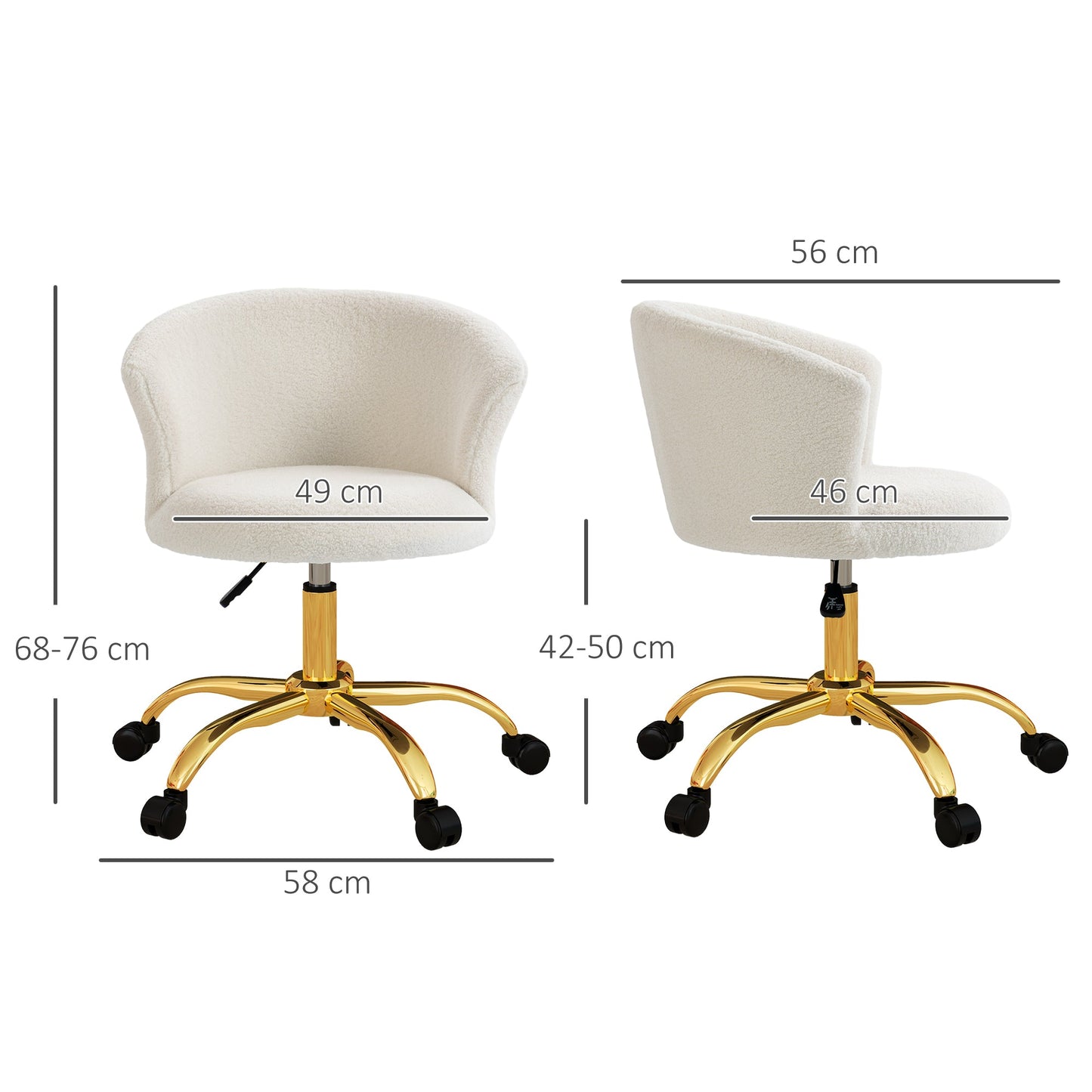 Height-Adjustable Office Chair with Swivel Seat and Teddy Velvet Upholstery, White and Gold