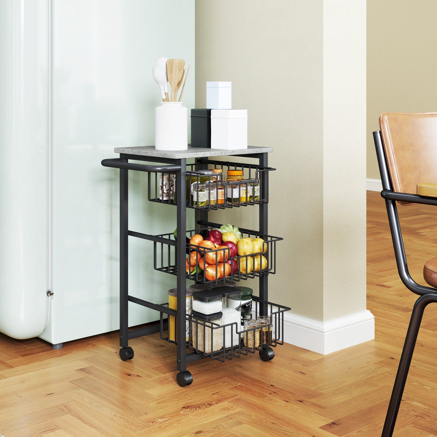 3-Basket Kitchen Trolley with Handle, Steel and Wood, 49.5x31x69 cm, Black and Light Grey