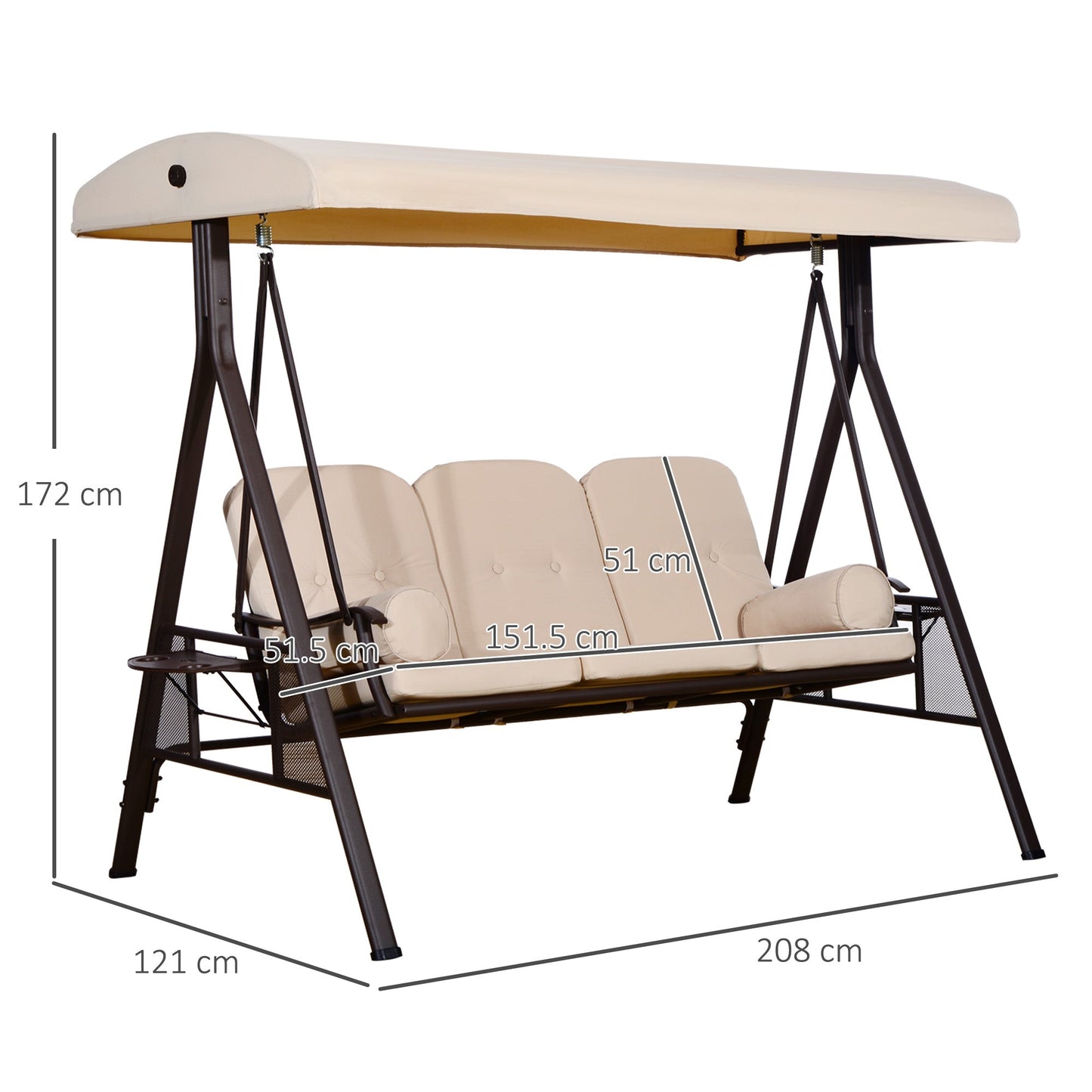3-Seater Swing with Adjustable Roof, Cup Holder and Cushions, in Metal and Polyester, 208x121x172 cm, Beige
