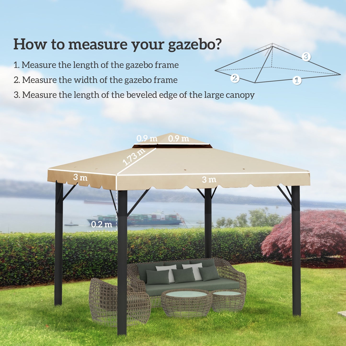 Replacement Canopy for Garden Gazebo 3x3m with 2-Tier Roof in Beige Polyester