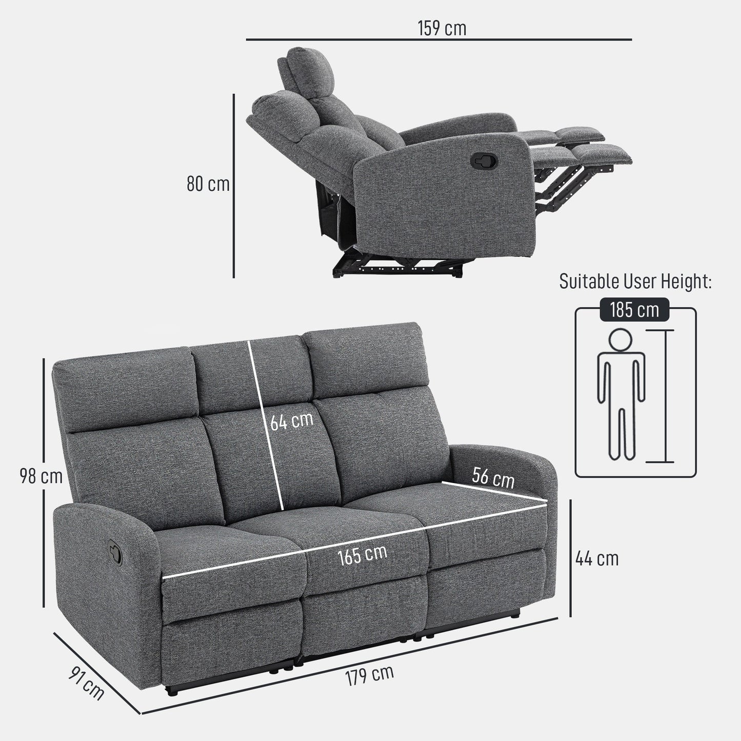 3-Seater Independently Reclining Sofa with Grey Chenille Upholstery, 179x91x98 cm