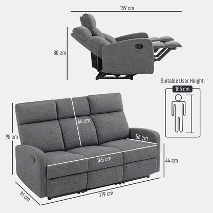 3-Seater Independently Reclining Sofa with Grey Chenille Upholstery, 179x91x98 cm