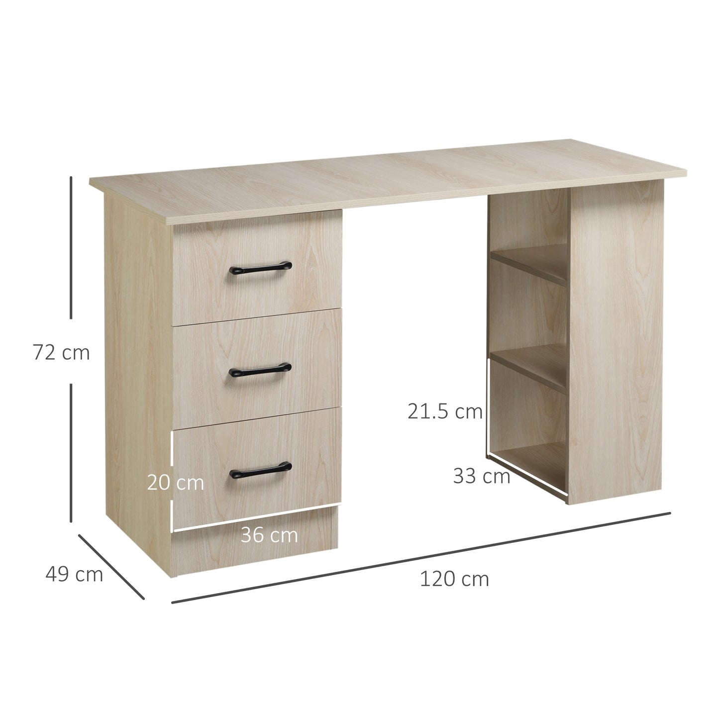 Modern PC Desk per room with 3 drawers and 3 wooden shelves for home and office 120x49x72cm