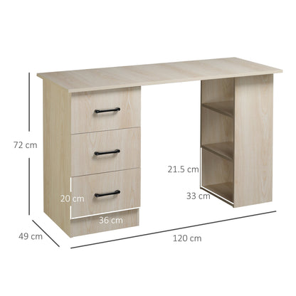Modern PC Desk per room with 3 drawers and 3 wooden shelves for home and office 120x49x72cm