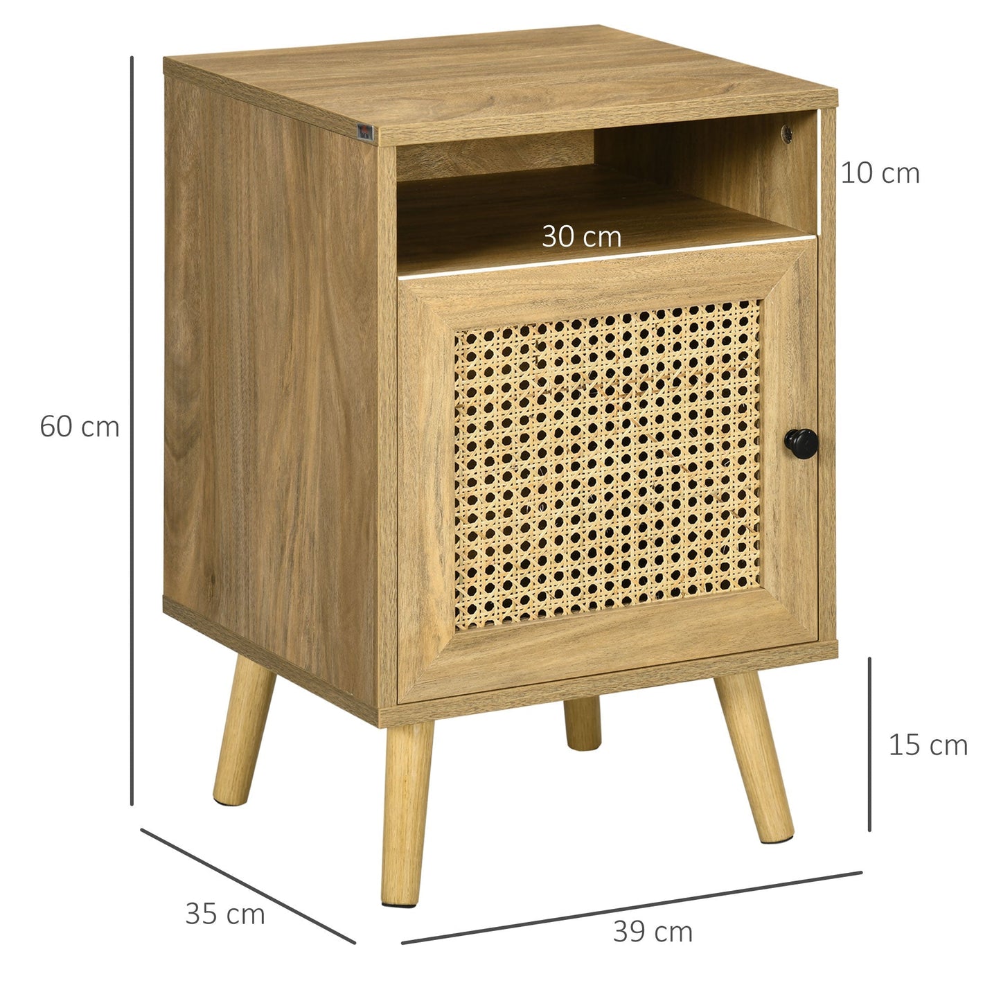 Set of 2 Boho Style Nightstands with Cabinet and Open Shelf, Chipboard, Rattan and MDF, 39x35x60 cm