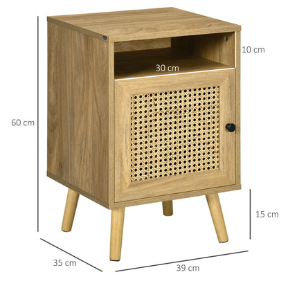 Set of 2 Boho Style Nightstands with Cabinet and Open Shelf, Chipboard, Rattan and MDF, 39x35x60 cm
