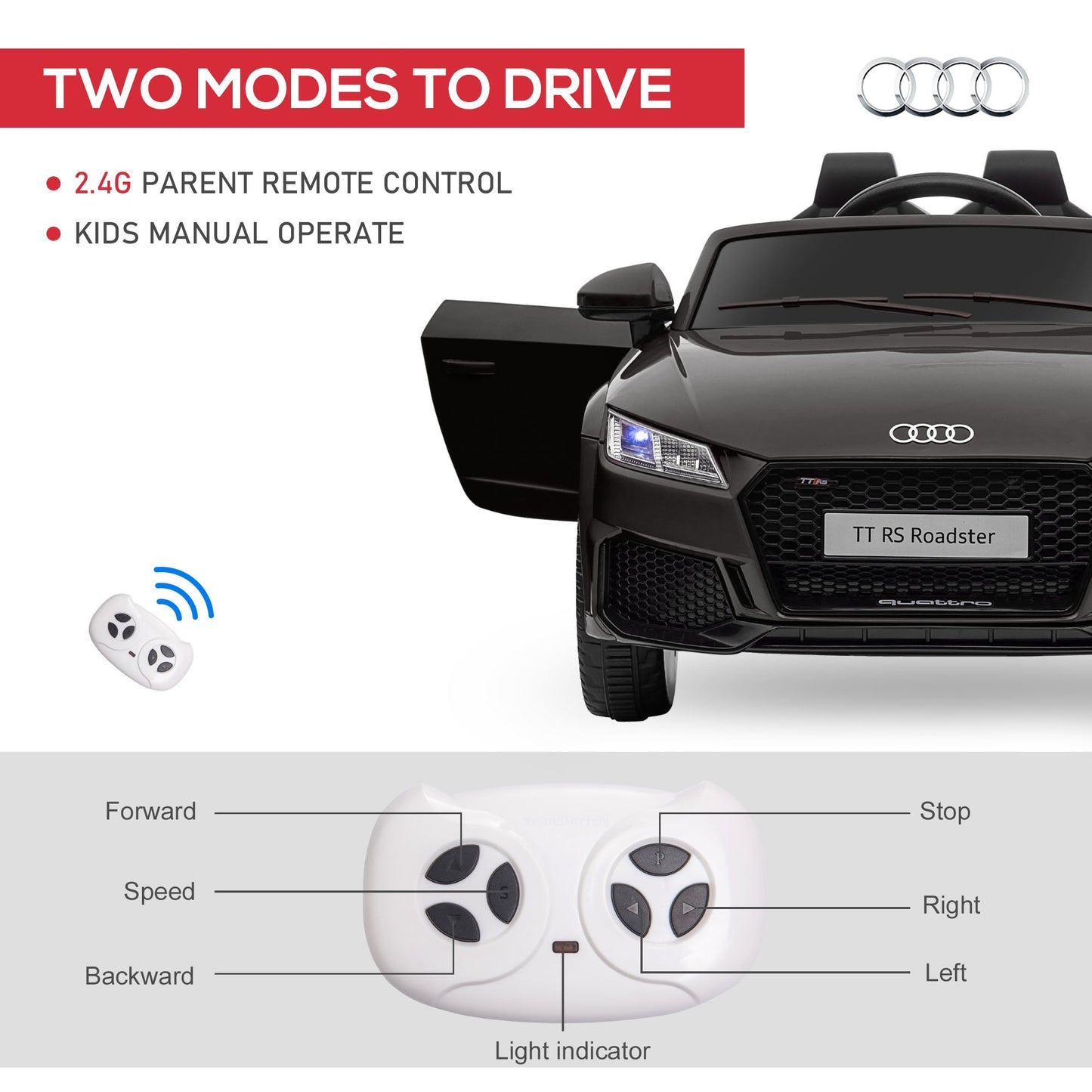 Electric Ride-On Car for Kids 3-5 Years AUDI TT with Remote Control, Opening Doors and LED Headlights, Black