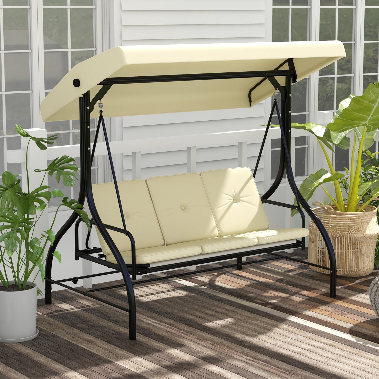 3 Seater Garden Swing with Adjustable Canopy, Metal and Teslin Fabric, Beige and Black